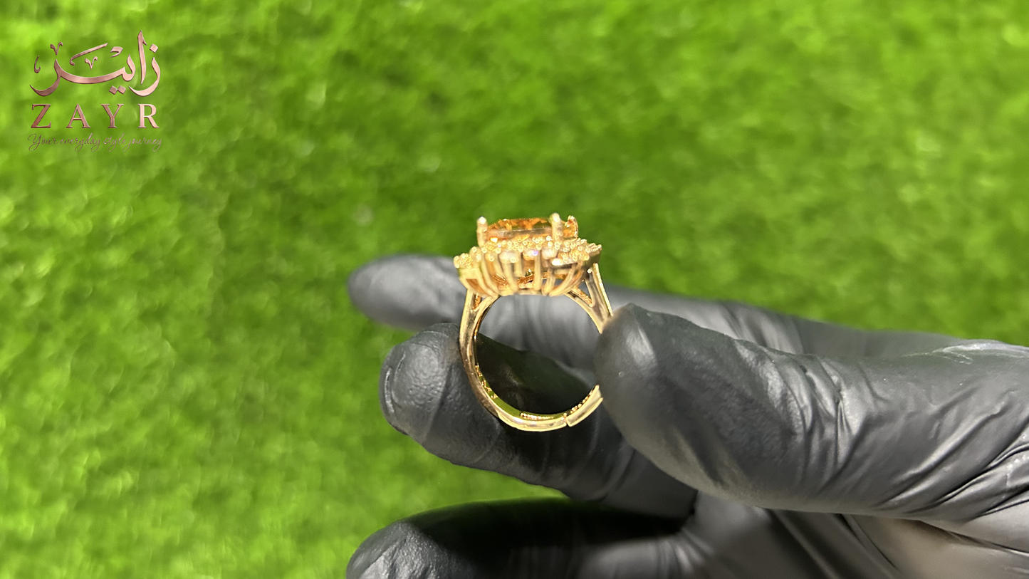 Royal Amber Crystal Halo Ring in Gold Finish