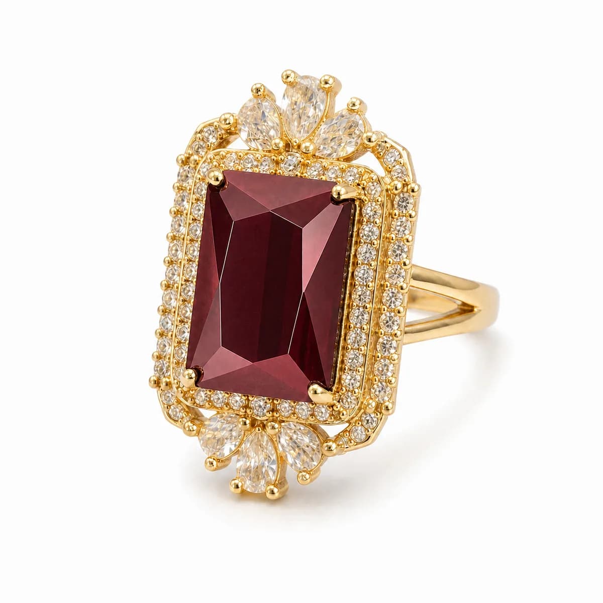 Aurelia Emerald-Cut Double-Halo Ring — Maroon Stone