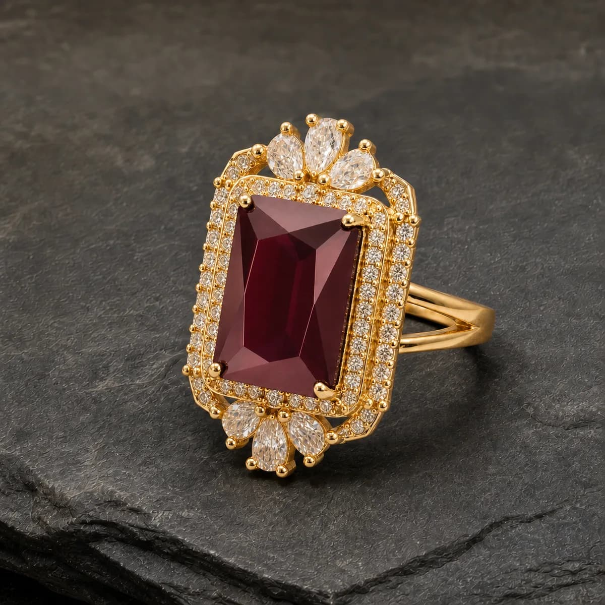 Aurelia Emerald-Cut Double-Halo Ring — Maroon Stone