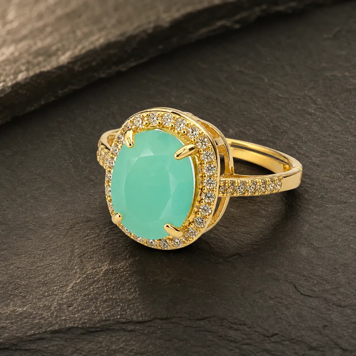 Noor Oval Halo Split-Shank Ring — Mint Green Stone