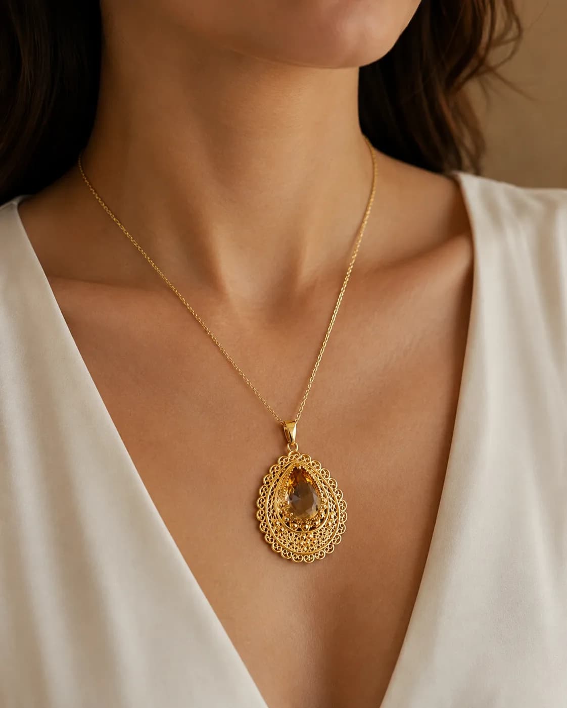 Soleil Amber Teardrop Filigree Chain