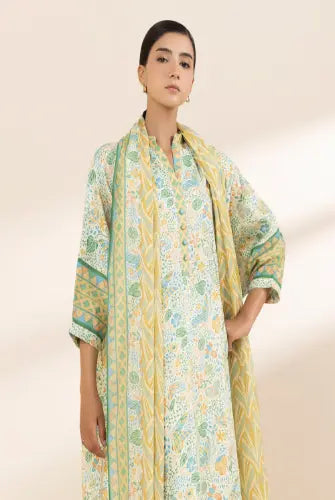Printed Lawn 3-Piece Unstitched Suit - Off White & Green