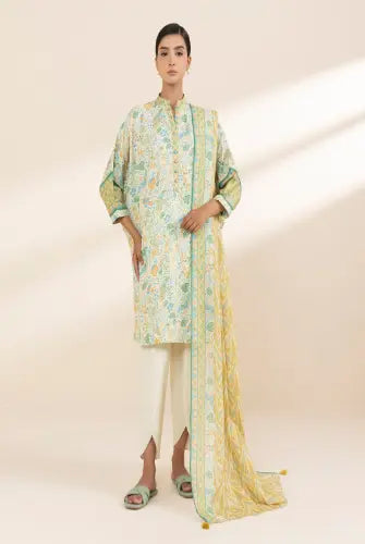 Printed Lawn 3-Piece Unstitched Suit - Off White & Green