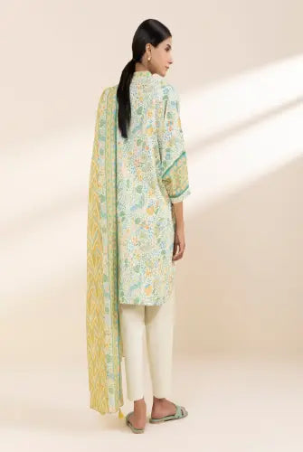 Printed Lawn 3-Piece Unstitched Suit - Off White & Green